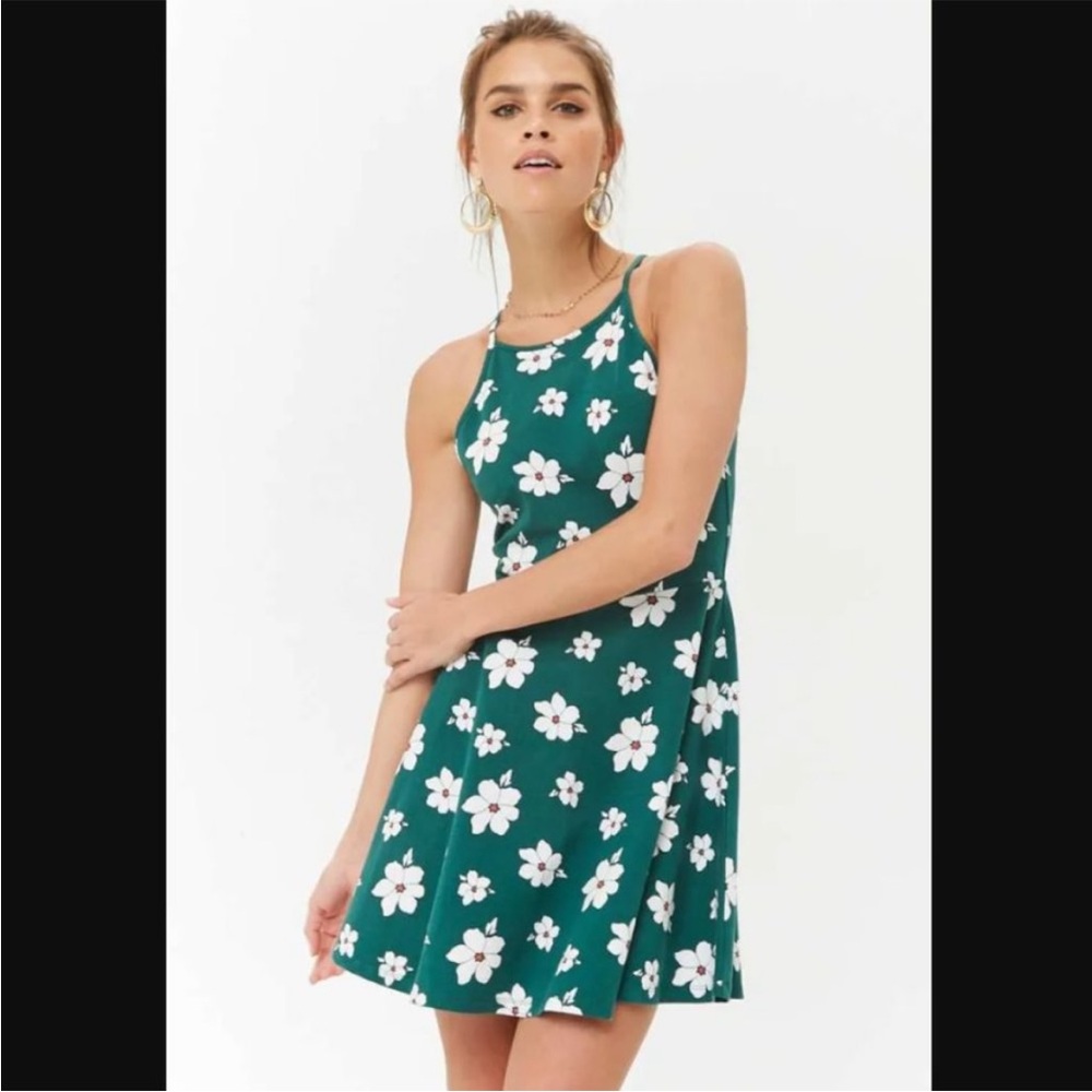 Forever 21 Green Halter Neck Floral Skater Dress